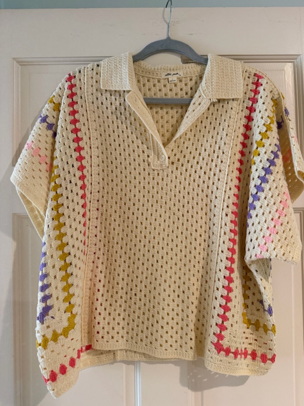 Ultra Pink Cream Open-Weave Crochet Polo Sweater